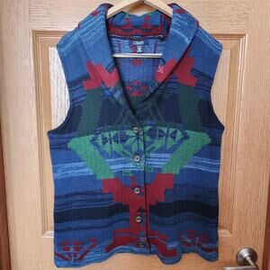 Chaps Navajo Southwestern Sweater‎ Vest Women's Size XL Shawl Neck Button Blue